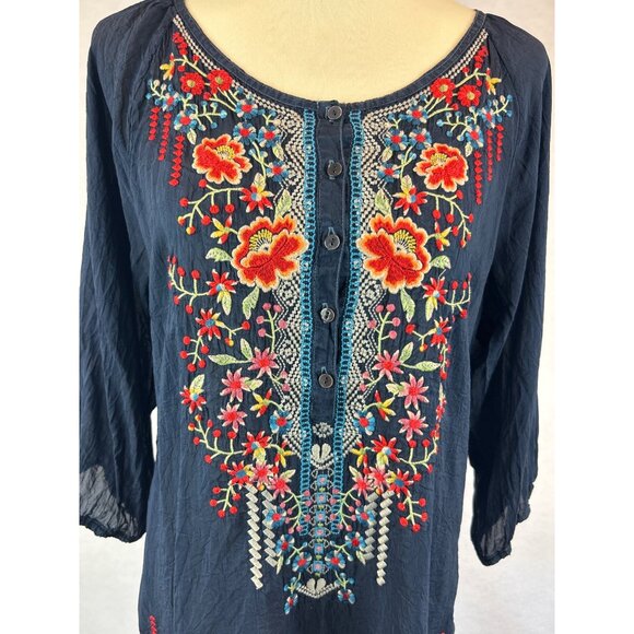 Johnny Was Navy Blue Embroidered Tunic Floral 3/4 Sleeves Lightweight Size M - Picture 6 of 9